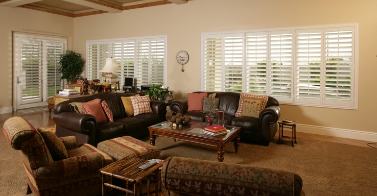 Raleigh family room with custom shutters.